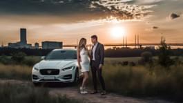 Couple standing in front of a white car with a scenic view of dallas behind them