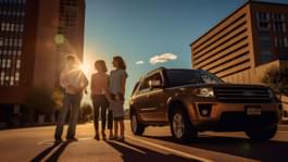 Sunny Day in Dallas with a family standing beside their SUV