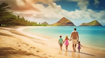 Familie spaziert Hand in Hand am Strand von Waikiki