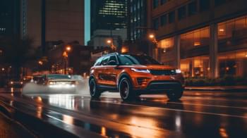 Ein moderner Mietwagen in der Metropole Dallas vor einer Skyline