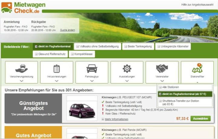 Filter und Angebote bei MietwagenCheck