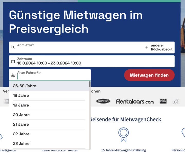 Mietwagen ab 18 Suche