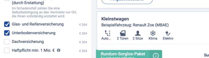 Die Versicherung für den Mietwagen auswählen