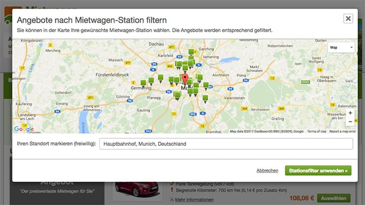 Mietwagensuche: Karten-Stationsauswahl in 5 Schritten